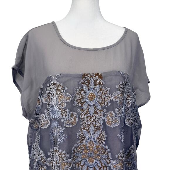 SUNDANCE Floral Embroidered Sheer Overlay Cocktail Dress L Gray Bohemian Luxe - Picture 5 of 11